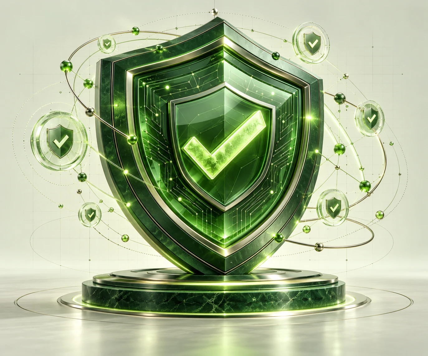 A monumental emerald shield with a glowing checkmark, encircled by smaller verification shields and intricate cryptographic rings.